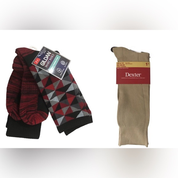 6pc Men’s socks-2sets red black Gildan smart basics, 1set tan Dexter dress socks - Picture 1 of 11